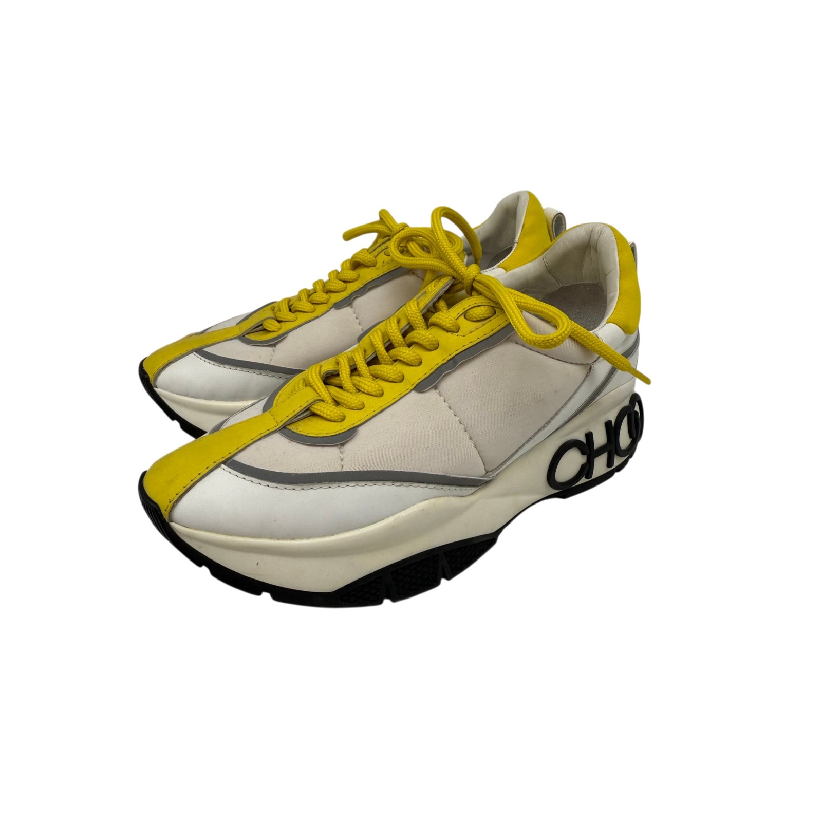 Jimmy Choo Leather Fabric Low Top Raine Sneakers White Yellow Women's Size 38